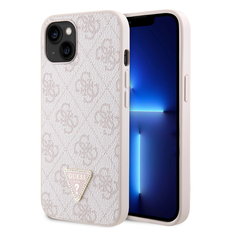 Guess PU 4G Strass Triangle Metal Logo pouzdro pro iPhone 15 růžová
