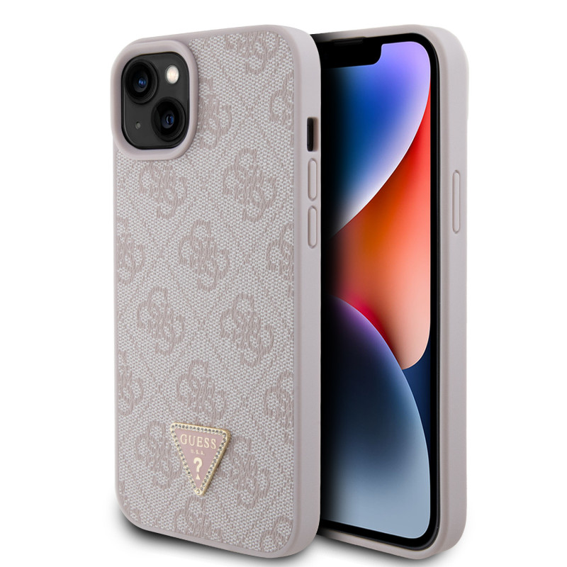 Guess PU 4G Strass Triangle Metal Logo pouzdro pro iPhone 15 Plus růžová