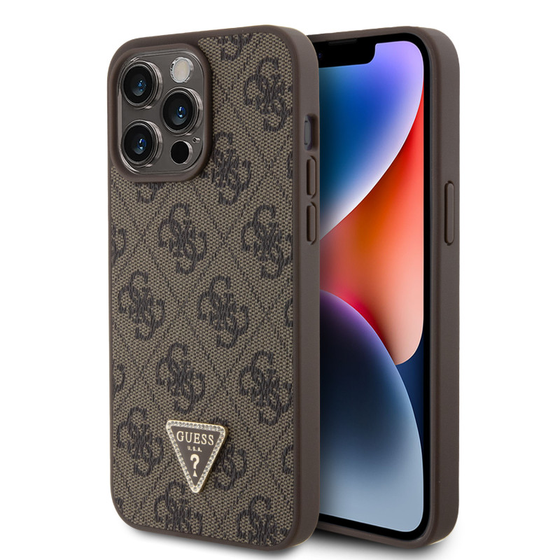 Guess PU 4G Strass Triangle Metal Logo pouzdro pro iPhone 15 Pro Max hnědá