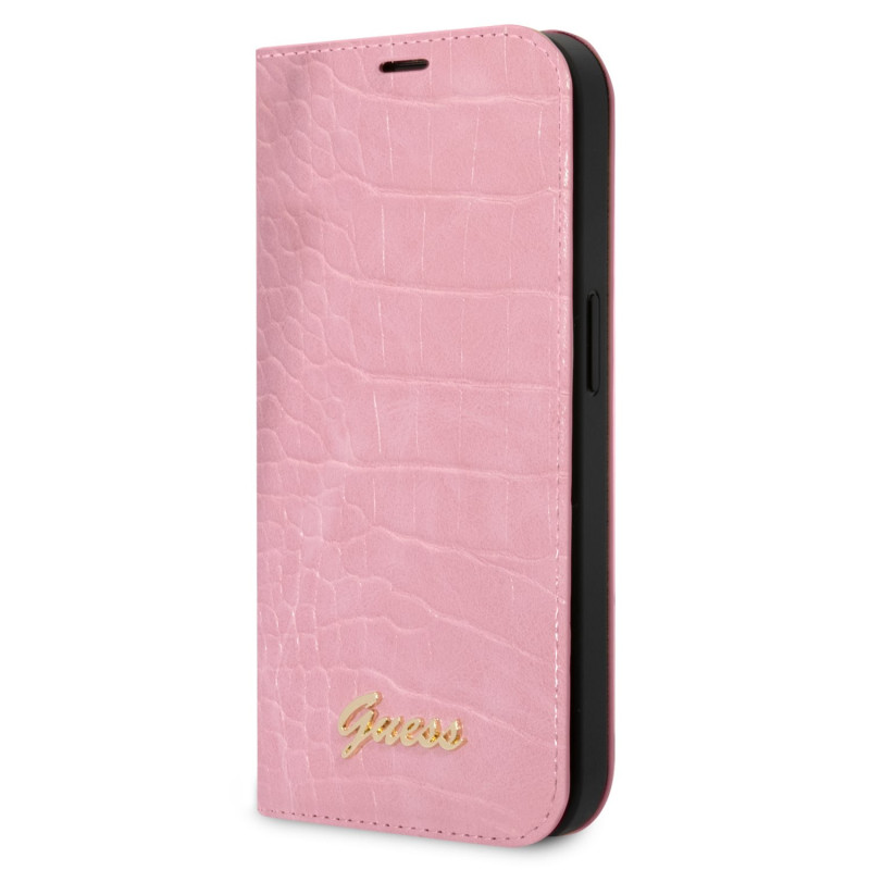 Guess PU Croco with Metal Camera Outline Book Case for iPhone 14 Plus pink