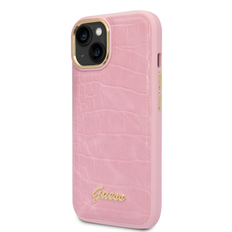 Guess PU Croco with Metal Camera Outline Case for iPhone 14 pink
