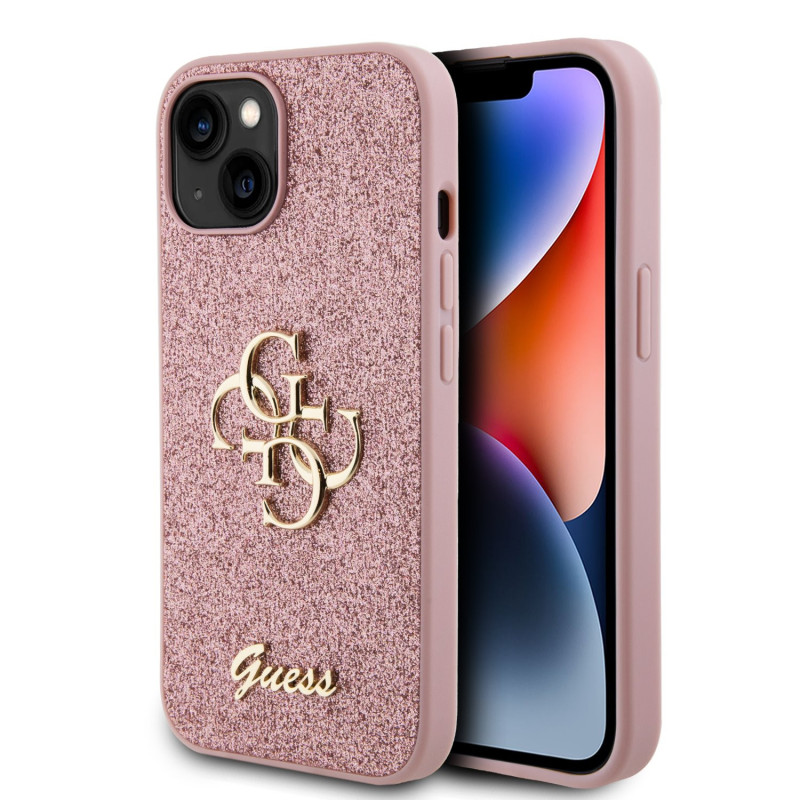 Guess PU Fixed Glitter 4G Metal Logo Case for iPhone 13 pink