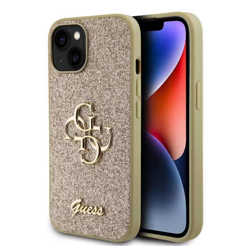 Guess PU Fixed Glitter 4G Metal Logo Case for iPhone 15 gold