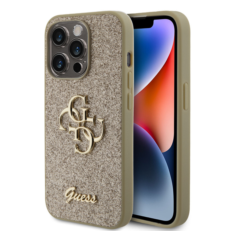 Guess PU Fixed Glitter 4G Metal Logo pouzdro pro iPhone 15 Pro zlatá