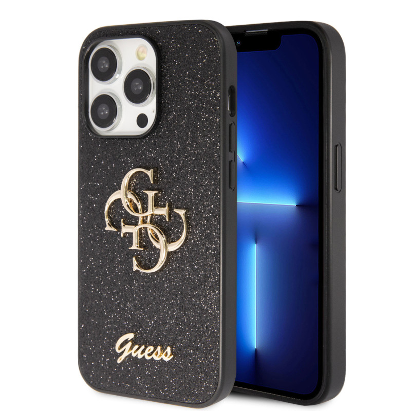 Guess PU Fixed Glitter 4G Metal Logo Case for iPhone 15 Pro Max black