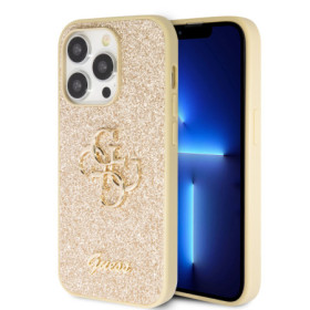 Guess PU Fixed Glitter 4G Metal Logo Case for iPhone 15 Pro Max gold