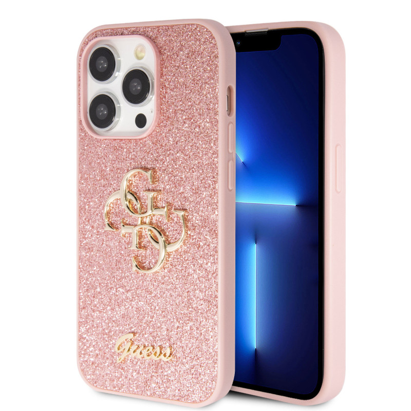 Guess PU Fixed Glitter 4G Metal Logo Case for iPhone 15 Pro rózsaszín