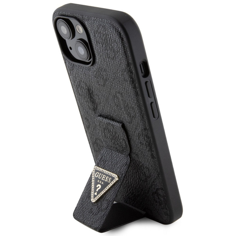 Guess PU Grip Stand 4G Strass Triangle Metal Logo Case for iPhone 15 schwarz