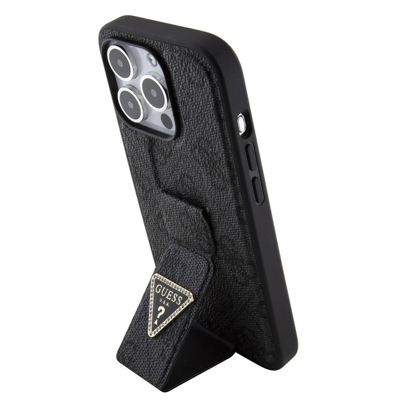 Guess PU Grip Stand 4G Strass Triangle Metal Logo pouzdro pro iPhone 15 Pro černá