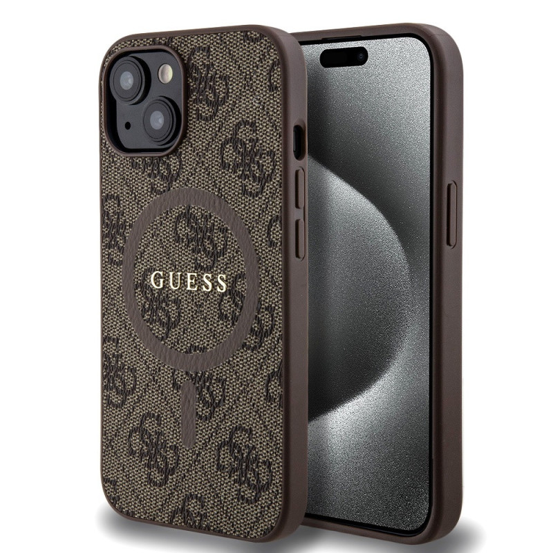Guess PU Leather 4G Colored Ring MagSafe pouzdro pro iPhone 15 hnědá
