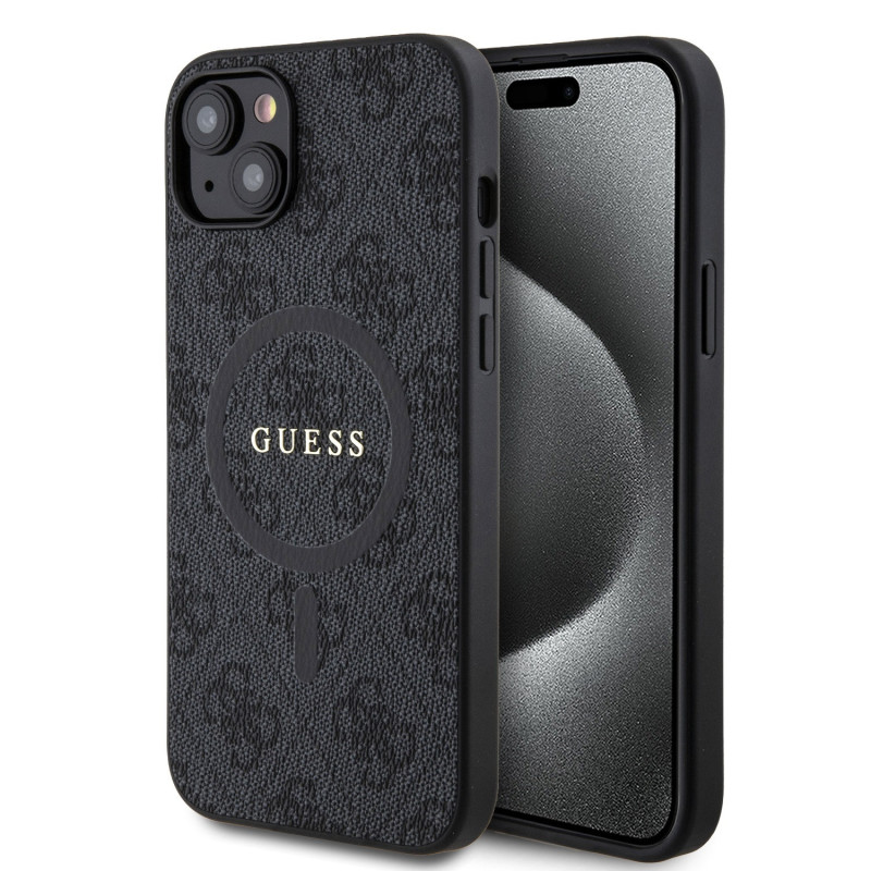 Guess PU Leather 4G Colored Ring MagSafe Case for iPhone 15 Plus schwarz