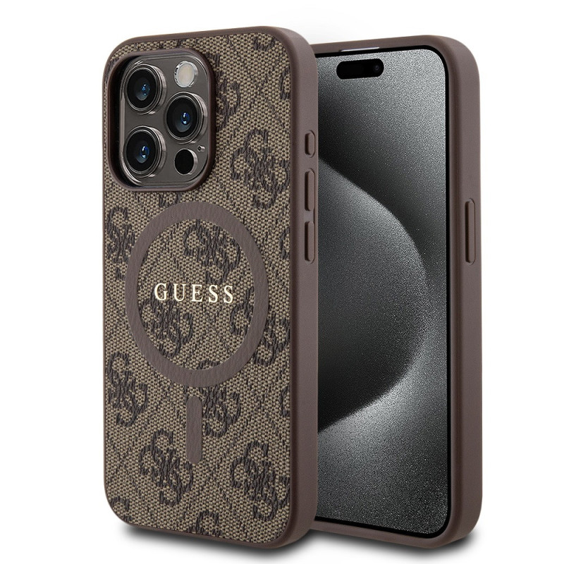 Guess PU Leather 4G Colored Ring MagSafe pouzdro pro iPhone 15 Pro Max hnědá