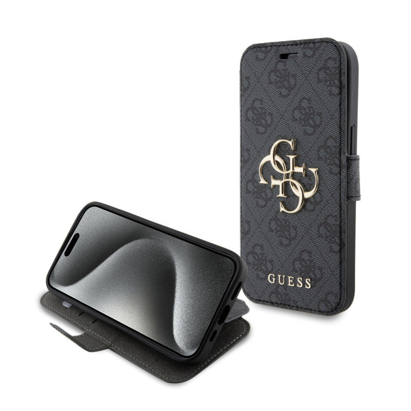 Guess PU Leather 4G Metal Logo Book pouzdro pro iPhone 15 šedá