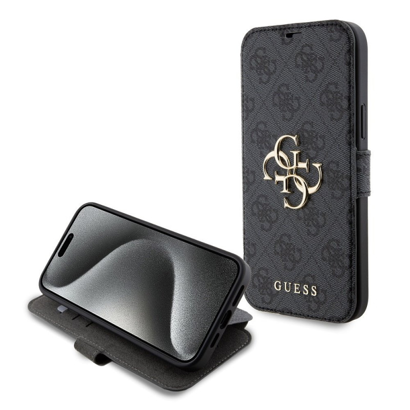 Guess PU Leather 4G Metal Logo Book Case for iPhone 15 Plus gray