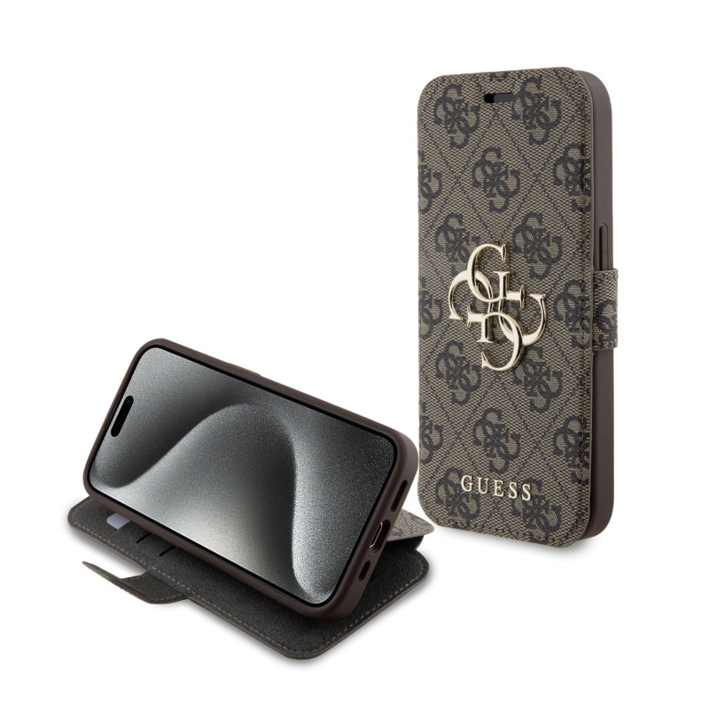 Guess PU Leather 4G Metal Logo Book Case for iPhone 15 Pro brown