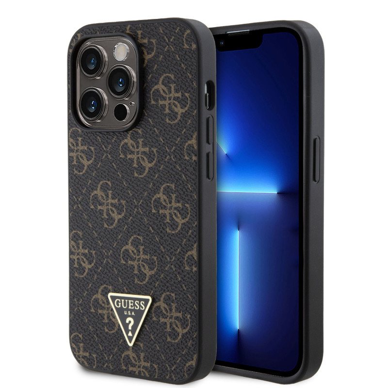 Guess PU Leather 4G Triangle Metal Logo Case for iPhone 14 Pro fekete