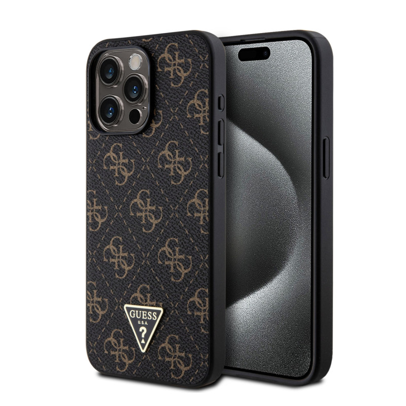 Guess PU Leather 4G Triangle Metal Logo Case for iPhone 15 Pro Max fekete