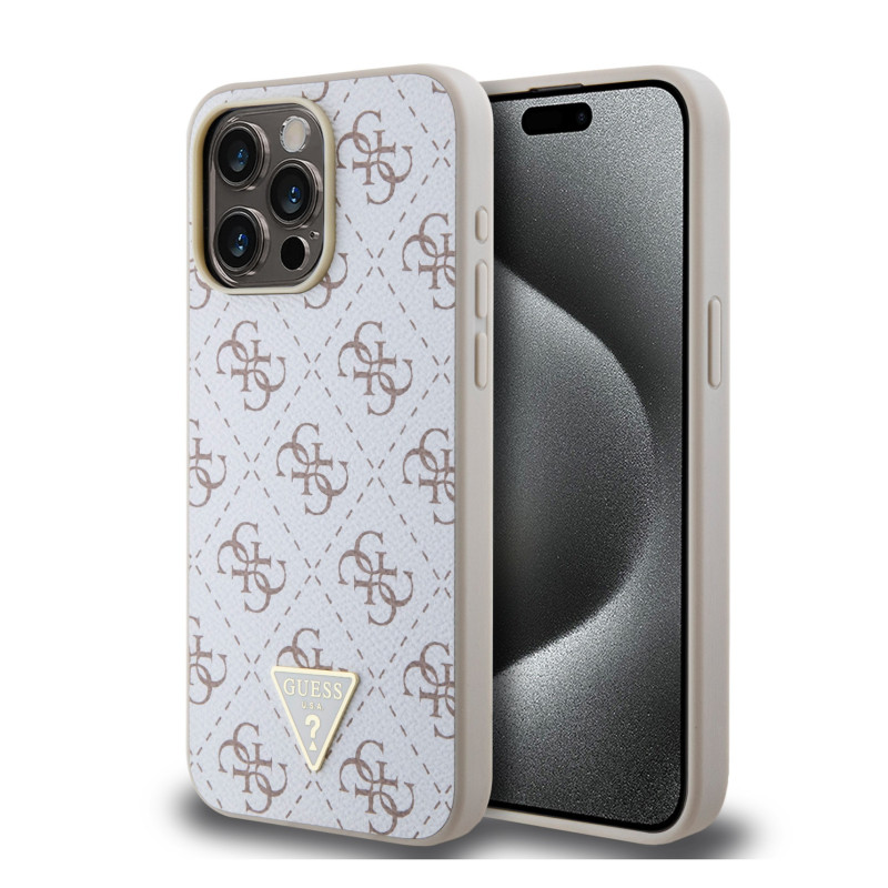 Guess PU Leather 4G Triangle Metal Logo Case for iPhone 15 Pro Max white