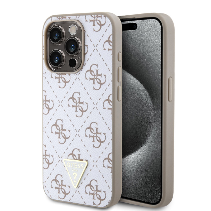 Guess PU Leather 4G Triangle Metal Logo Case for iPhone 15 Pro weiss