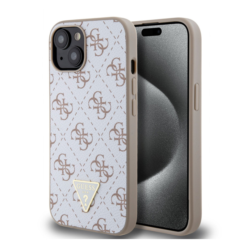 Guess PU Leather 4G Triangle Metal Logo Case for iPhone 15 weiss
