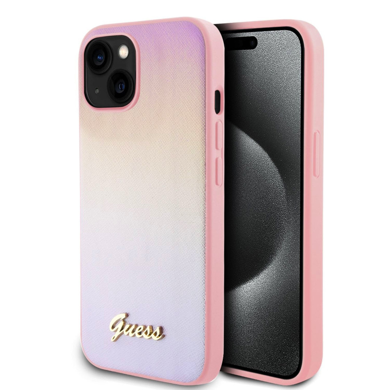 Guess PU Leather Iridescent Metal Script pouzdro pro iPhone 15 růžová