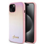 Guess PU Leather Iridescent Metal Script Case for iPhone 15 pink