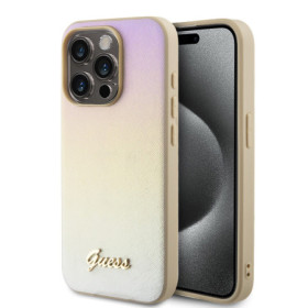 Guess PU Leather Iridescent Metal Script Case for iPhone 15 Pro gold