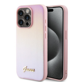 Guess PU Leather Iridescent Metal Script Case for iPhone 15 Pro pink