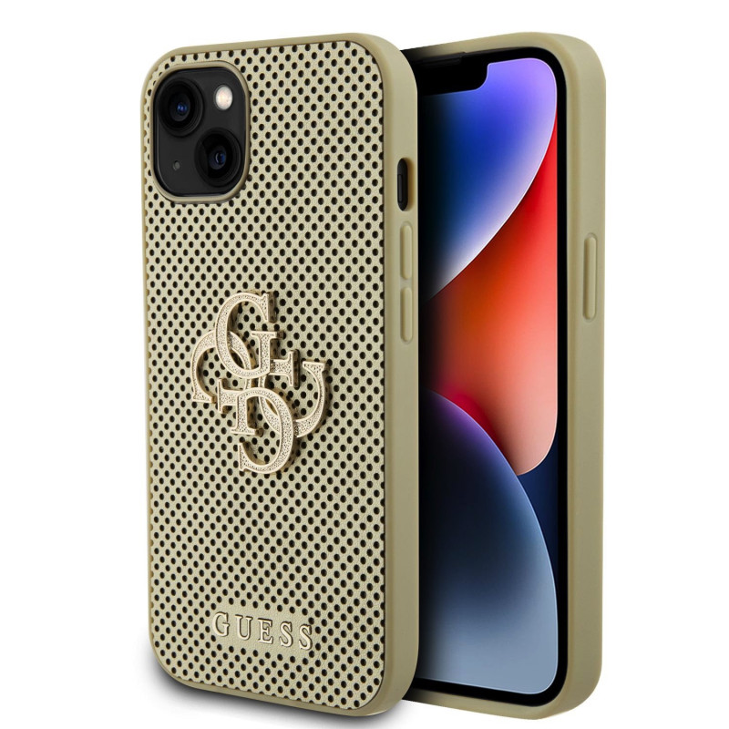 Guess PU Perforated 4G Glitter Metal Logo pouzdro pro iPhone 15 zlatá