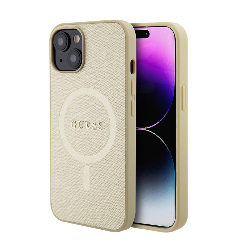 Guess PU Saffiano MagSafe pouzdro pro iPhone 15 Plus béžová