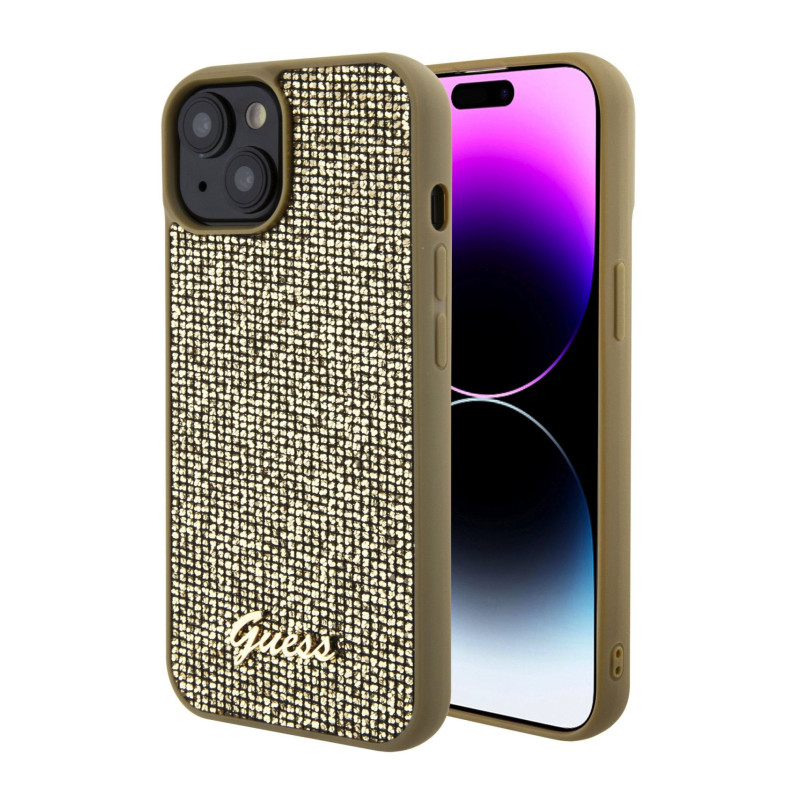 Guess PU Square Mirror Script Logo Case for iPhone 15 gold