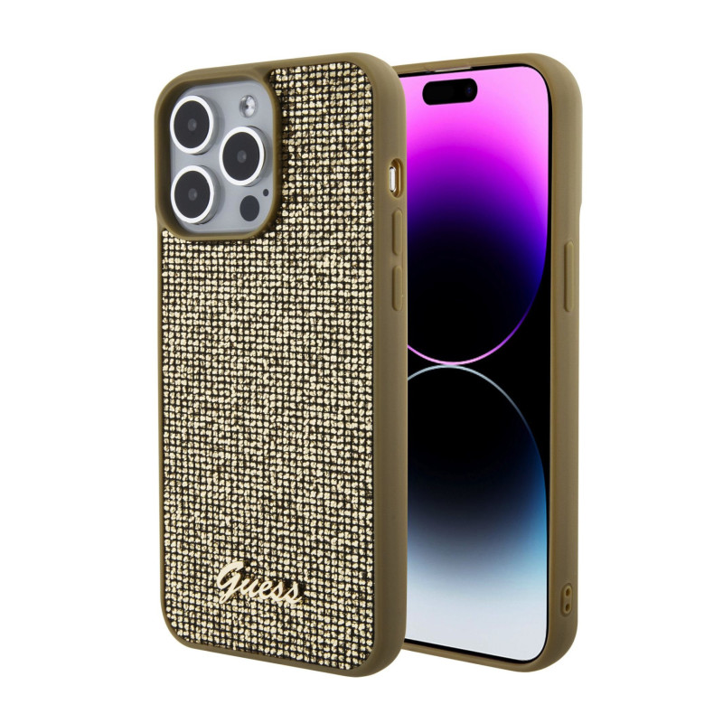 Guess PU Square Mirror Script Logo Case for iPhone 15 Pro Max gold