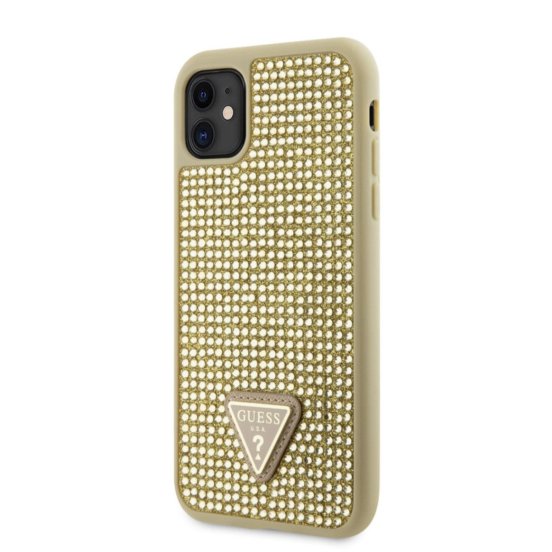 Guess Rhinestones Triangle Metal Logo pouzdro pro iPhone 11 zlatá