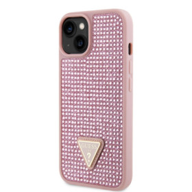 Guess Rhinestones Triangle Metal Logo Case for iPhone 14 pink