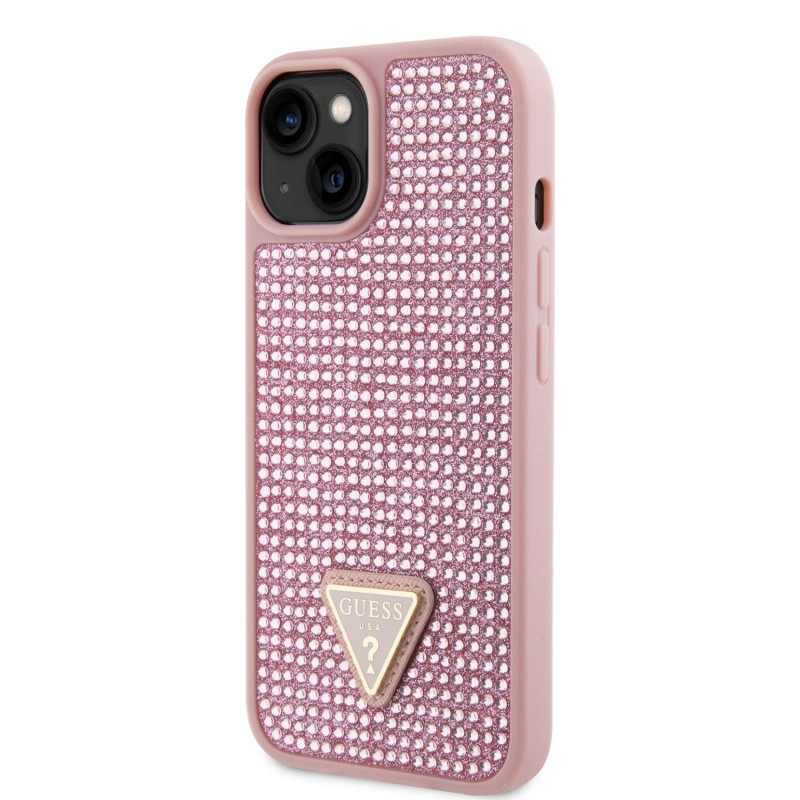 Guess Rhinestones Triangle Metal Logo Case for iPhone 14 pink