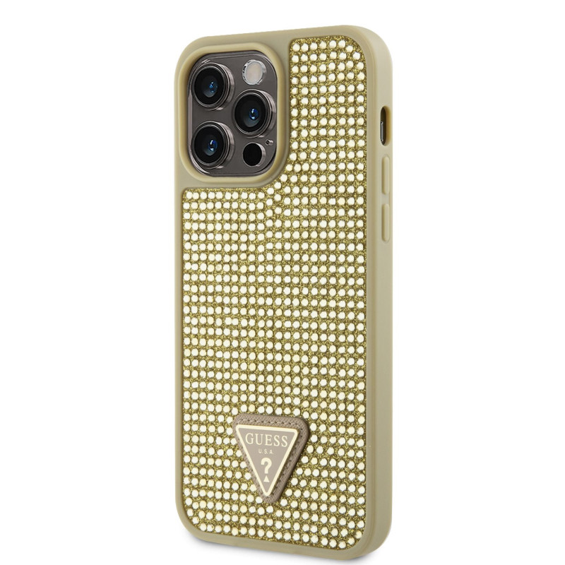 Guess Rhinestones Triangle Metal Logo Case for iPhone 14 Pro Max gold