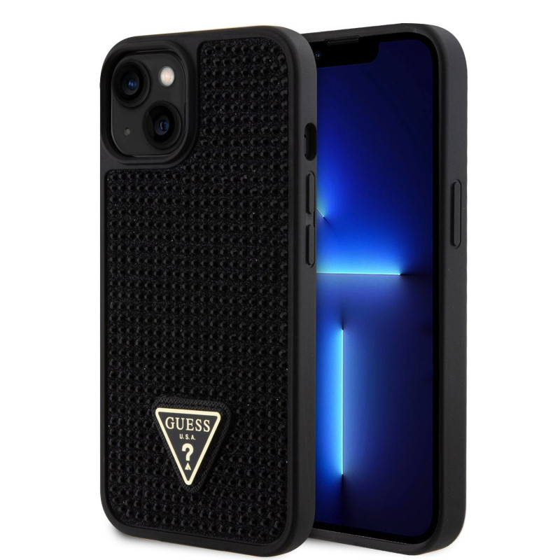Guess Rhinestones Triangle Metal Logo Case for iPhone 15 schwarz