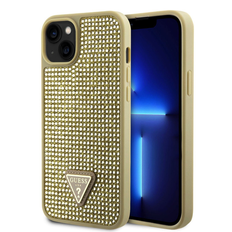 Guess Rhinestones Triangle Metal Logo pouzdro pro iPhone 15 zlatá