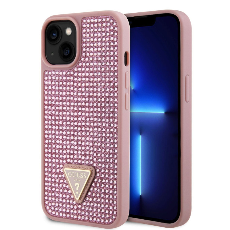 Guess Rhinestones Triangle Metal Logo Case for iPhone 15 pink