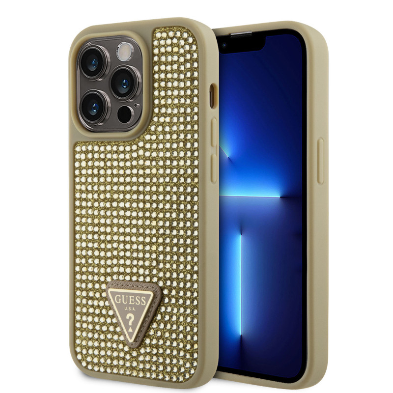 Guess Rhinestones Triangle Metal Logo Case for iPhone 15 Pro gold