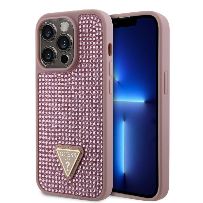 Guess Rhinestones Triangle Metal Logo Case for iPhone 15 Pro pink