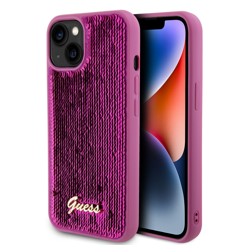 Guess Sequin Script Logo pouzdro pro iPhone 13 Magenta