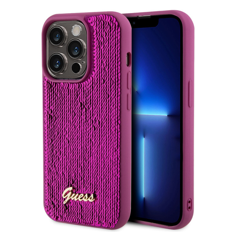 Guess Sequin Script Logo Case for iPhone 14 Pro Magenta