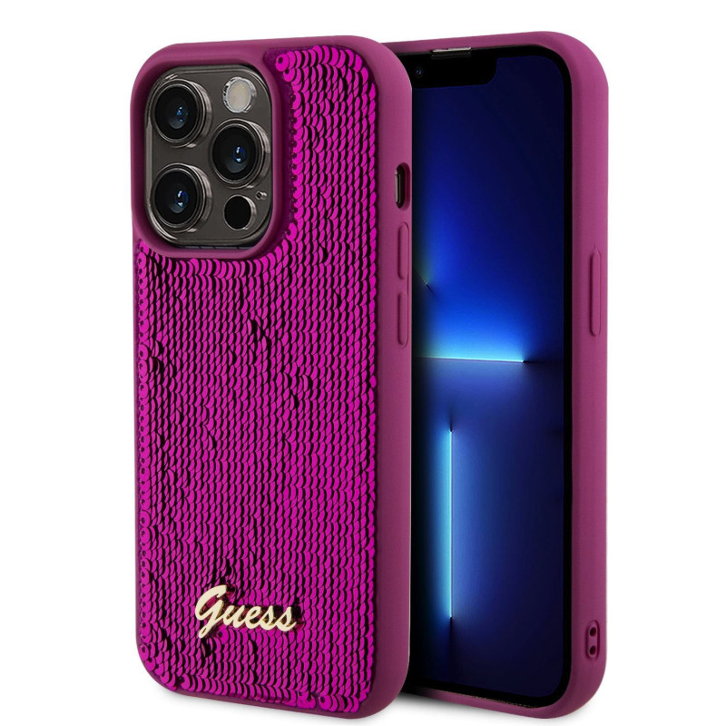 Guess Sequin Script Logo pouzdro pro iPhone 14 Pro Max Magenta