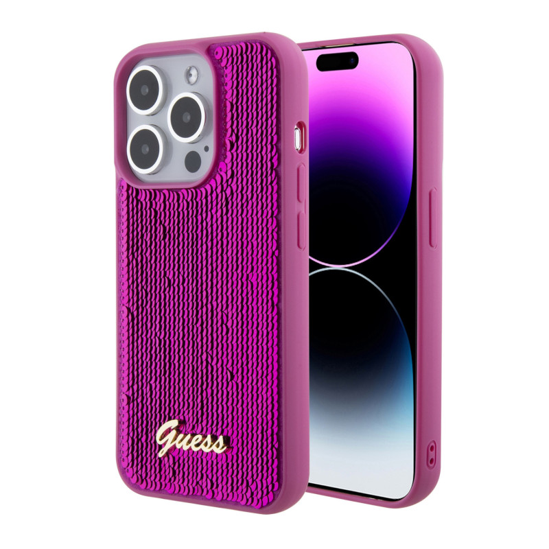 Guess Sequin Script Logo pouzdro pro iPhone 15 Magenta