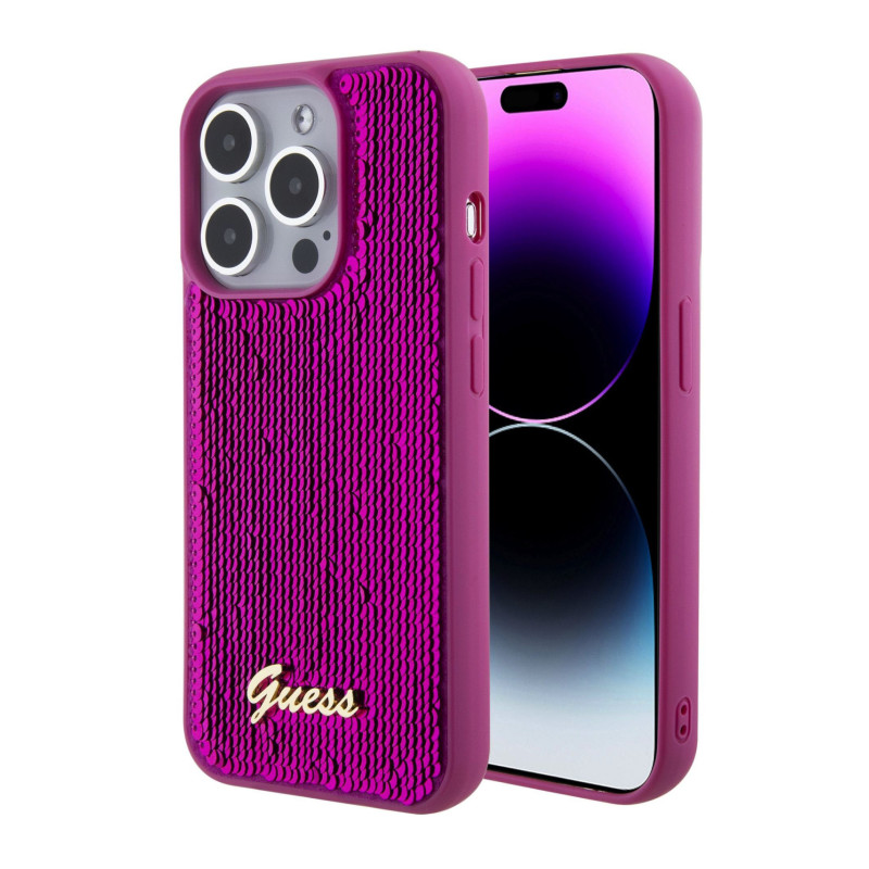 Guess Sequin Script Logo puzdro pre iPhone 15 Pro Magenta