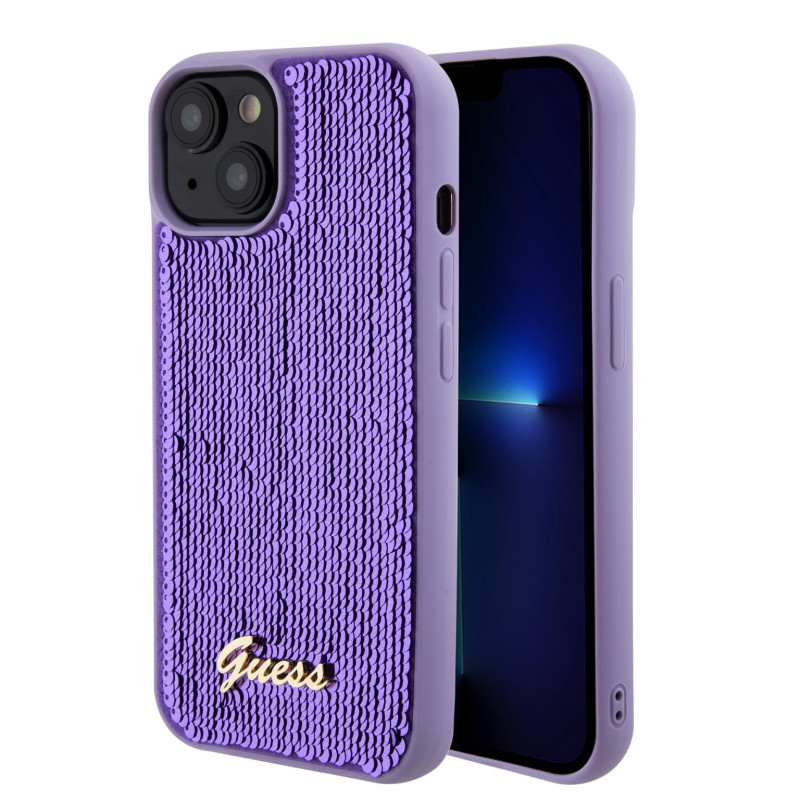 Guess Sequin Script Logo Case for iPhone 15 violett