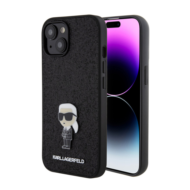 Karl Lagerfeld Fixed Glitter Metal Ikonik Case for iPhone 15 fekete