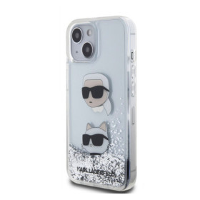Karl Lagerfeld Liquid Glitter Karl and Choupette Head pouzdro pro iPhone 15 stříbrná