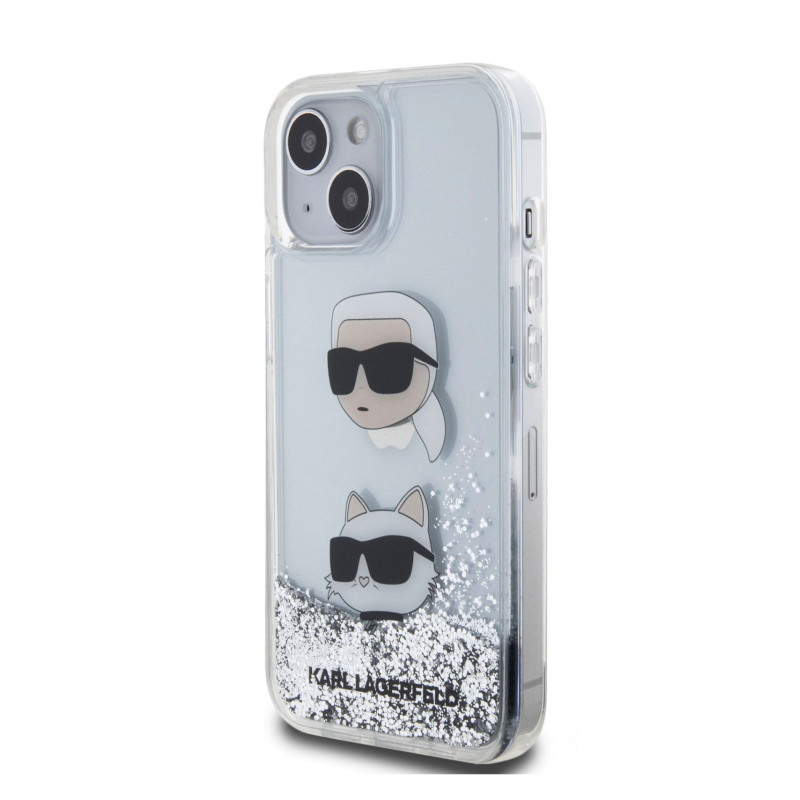 Karl Lagerfeld Liquid Glitter Karl and Choupette Head Case for iPhone 15 silver